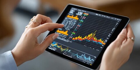 Financial Data at Your Fingertips: A close-up view of a hand interacting with a tablet displays vibrant financial graphs and charts. The screen reflects intricate data visualizations. - Powered by Adobe