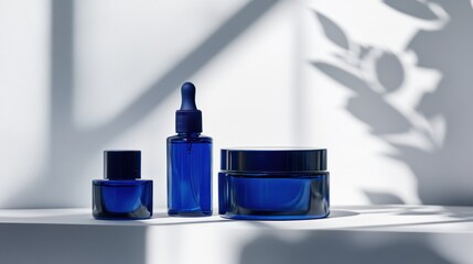 Luxurious blue glass cosmetic containers with dropper on white surface