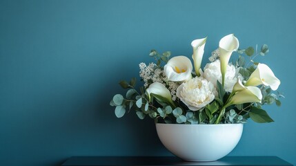 Elegant modern floral arrangement featuring white peonies and calla lilies in a minimalist white ceramic bowl against a teal background