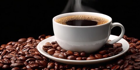 Aromatic Coffee Experience: The allure of a steaming coffee cup, nestled among roasted coffee beans, hints at the ritual and indulgence of a coffee break.