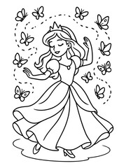 Dancing Princess and Butterflies: A delightful illustration showcases a princess, adorned with a crown and dress, dancing amidst a swirl of fluttering butterflies.  A magical scene.