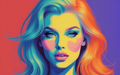 Obraz premium Vibrant pop art portrait of woman with flowing red hair, bold colors and striking makeup.