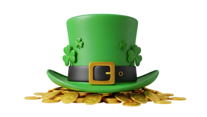St patrick's day hat with gold coins isolated on transparent background