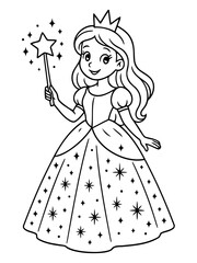Fototapeta premium Enchanting Princess and Her Magic Wand: A fairytale image of a beautiful princess, holding a shimmering star-tipped magic wand. Wearing a crown and gown.