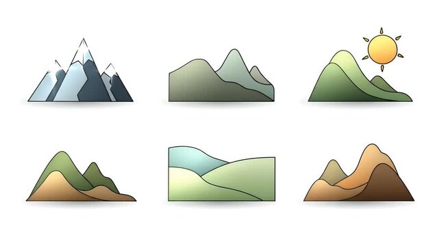 Mountain Landscape Icons with Sun and Shadows Flat Design