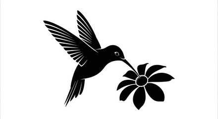 Fototapeta premium Hummingbird silhouette with daisy in minimalist style, a striking avian vector emblem design