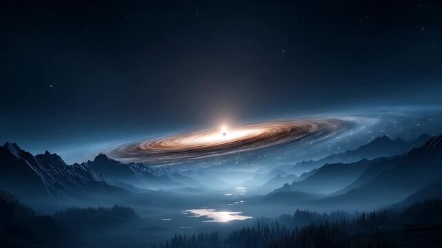 Mysterious glowing object hovering above mountains at dusk, serene landscape view from a distance, 14126n reference concept