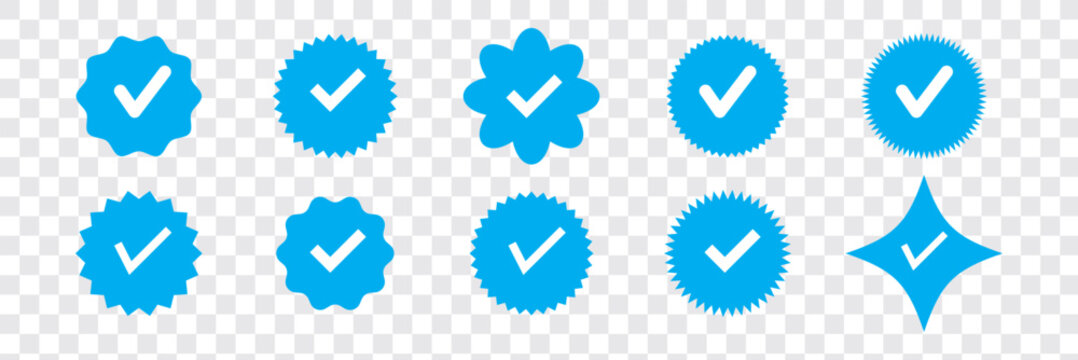 Blue tick verified social media account icons. approved profile sign. black, gold and blue tick in circles and rounded corner star. vector illustration on transparent png background.