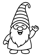 Friendly Gnome's Greeting: A charming cartoon gnome with a friendly smile, waving a hand in a cheerful greeting. The illustration depicts a sense of welcome and whimsy.