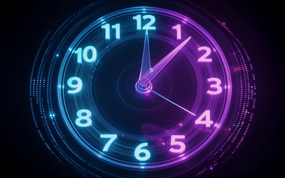 Neon clock face glowing blue and pink, futuristic design on dark background. - Powered by Adobe