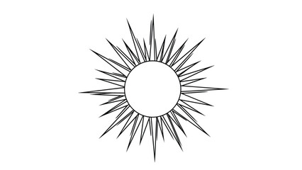 Obraz premium Stylized sun with numerous sharp rays radiating from a central circle in a black and white line art illustration style.