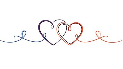 Two intertwined heart shapes created with continuous lines in blue, purple, and orange hues representing love and unity.