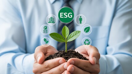 A person holding a small plant with ESG icons surrounding it, symbolizing environmental sustainability in a professional setting