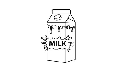 Black and white line art illustration of a milk carton with the word MILK and a decorative splashing pattern for grocery design.