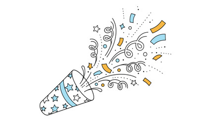 Obraz premium Blue party popper with white stars shooting out a mix of colorful confetti and streamers for festive occasions and parties.