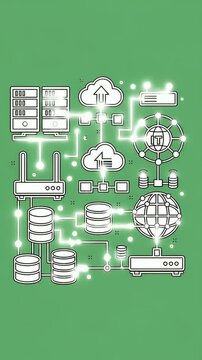Network Diagram Animation With Servers Routers And Cloud Connectivity