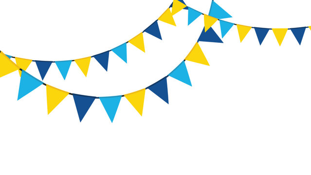 Two rows of blue and yellow triangular bunting flags hanging as decorations for a festive party or celebratory event.