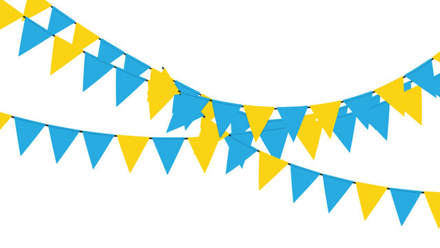 Multiple overlapping rows of blue and yellow triangular bunting flags creating a festive atmosphere for celebratory events.
