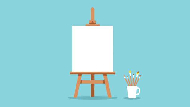Blank white canvas resting on a wooden easel with a cup of various paintbrushes on a light blue background for art students.