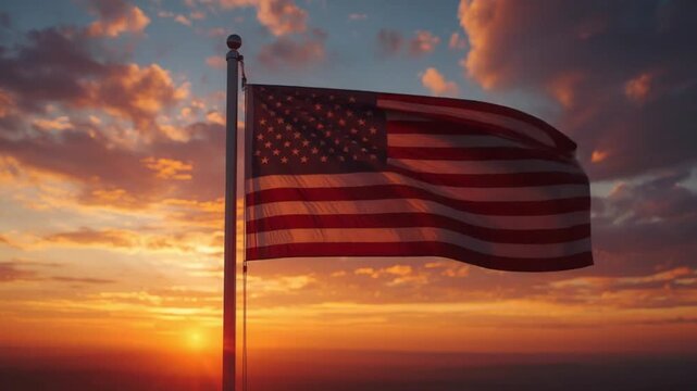 American Flag on Flagpole at Sunset for Independence Day
