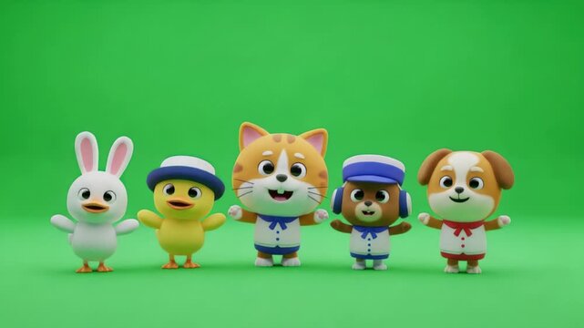 Cute 3D Animated Cartoon Animals Group Standing on Green Screen