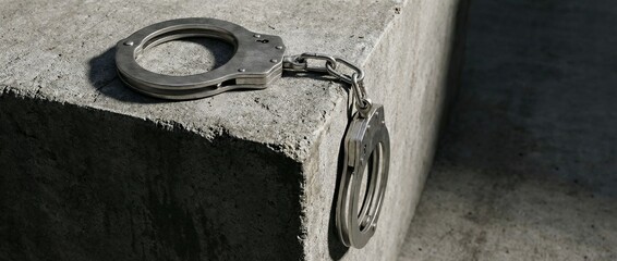 Metal handcuffs hanging from concrete edge in dramatic light &ndash; concept of justice, crime, or consequence
