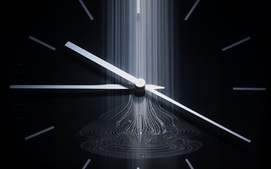 Modern analog clock shows time, sleek design with striped background and minimalist numerals.