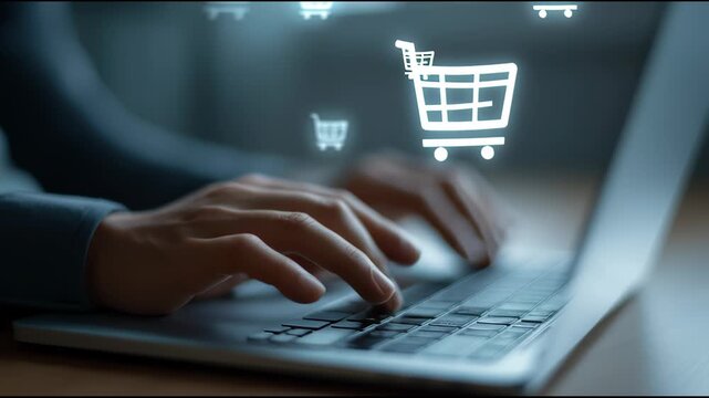 Online shopping experience with laptop and cart icons