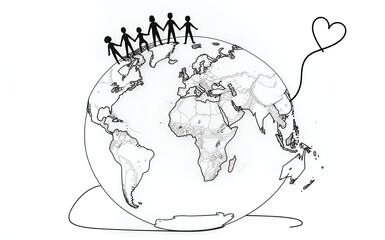 Handheld globe with people holding hands, symbolizing global unity and love.
