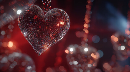 Heart Shaped Disco Ball: A radiant heart-shaped disco ball hangs amidst a backdrop of others, its mirrored facets reflecting the energetic atmosphere of a party. The play of light and shadow.