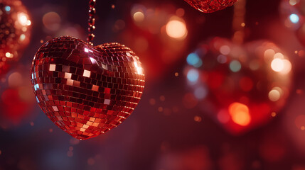 Sparkling Hearts of Celebration: Festive decorations feature shimmering heart-shaped disco balls. Each sphere sparkles with countless facets, casting a warm, romantic glow.