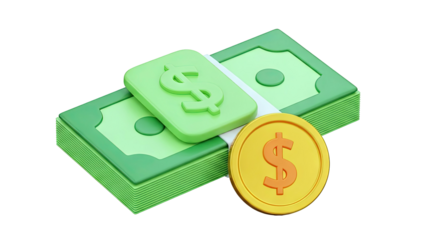 Stylized Stack of Money and Gold Coin with Dollar Signs