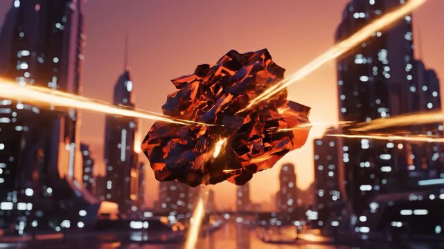 A glowing crystal hovers above a futuristic cityscape as the sun sets. The crystal reflects light from the surrounding skyscrapers that define the urban skyline.