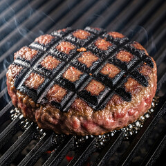 Juicy beef hamburger patty grilling on a barbecue grill