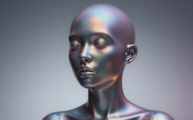Metallic humanoid figure, serene expression, iridescent skin, futuristic design against muted background.