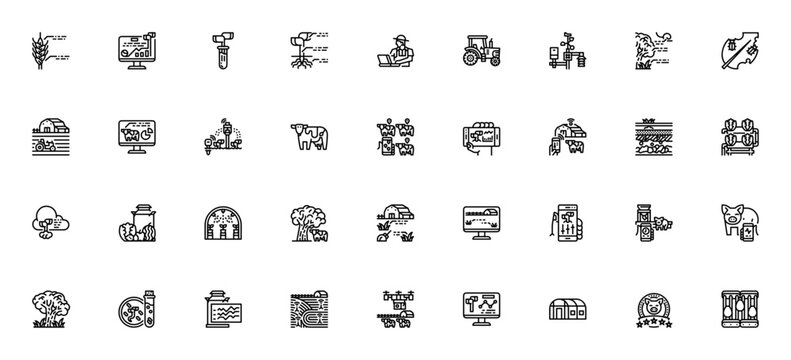 Smart farm icon set. Agriculture vector icons pack. Includes symbols for tractor, drone, greenhouse, irrigation, crop monitoring, weather, and more. Editable stroke.