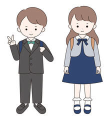 入学式にフォーマルな服装をしたかわいい子供達のベクターイラスト。男の子、女の子、小学生