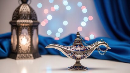 Intricate genie lamp with ornate lantern and blue curtains