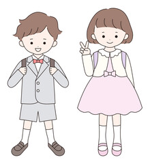 入学式にフォーマルな服装をしたかわいい子供達のベクターイラスト。男の子、女の子、小学生