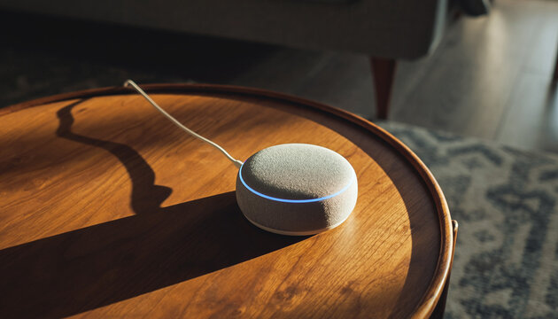 Smart Speaker Voice Assistant on Wooden Table