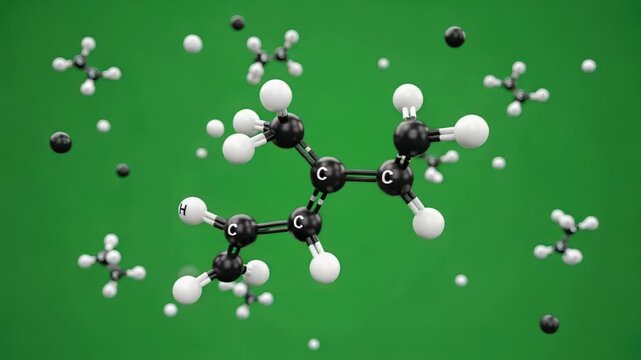 3D Molecular Model of Propene and Methane Molecules Rotating on Green Background