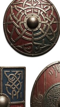 Ornate Viking Shields With Celtic Knotwork On White Background Cinematic Footage