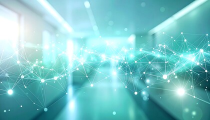 Abstract digital network visualization with glowing nodes and connections in a modern, bright, and futuristic corridor.