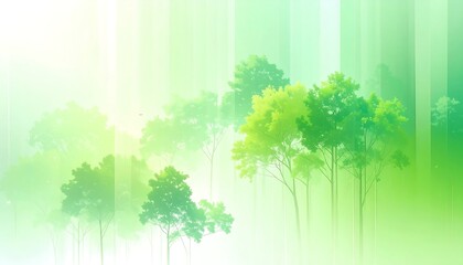 Misty green forest with soft light filtering through the trees, creating an ethereal and serene atmosphere.