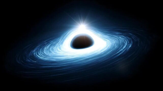 A swirling black hole vortex in space with intense energy and gravitational pull visualized from a distant viewpoint in a cosmic environment video