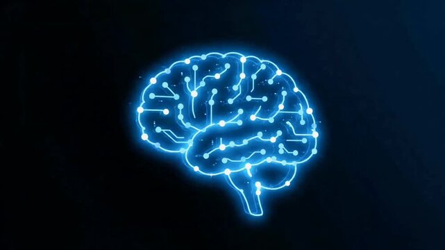 A glowing blue digital representation of a human brain with interconnected lines and dots on a dark background, symbolizing artificial intelligence and neural networks.
