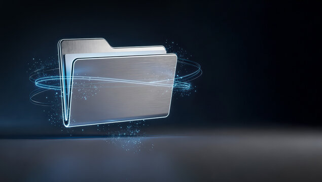 Digital folder rotating in space with light effects creating a modern tech environment during a creative project overview - Powered by Adobe