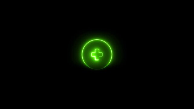 Glowing Green Plus Symbol Inside a Neon Circle on a Black Background Representing Addition or Health Care Services