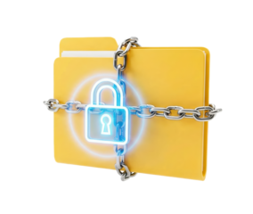 Folders are fastened with a sturdy chain and lock, underscoring the critical importance of safeguarding data in our increasingly digital world
