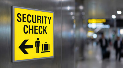Sign guides travelers to security check at busy airport, directing foot traffic toward screening area for luggage and personal items